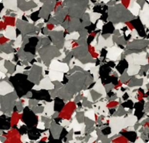 Crimson layout, featuring red, gray, white, and black decorative epoxy flake blend for bold custom flooring designs