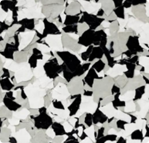 Domino layout featuring monochrome epoxy flake blend with black, gray, and white chips for modern floor coating finishes