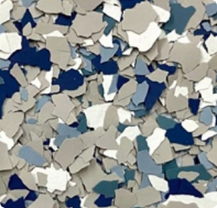 Stone wash layout featuring blue, gray, and white epoxy flake blend sample for modern garage or commercial floor coatings