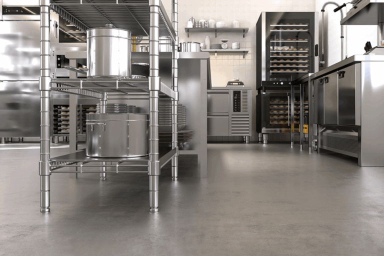 Commercial kitchen with seamless epoxy floor coating designed for durability and easy sanitation
