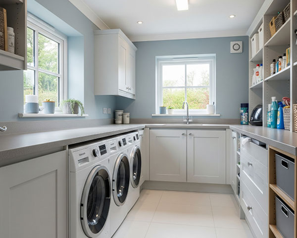 Residential laundry room with clean white epoxy-coated floor for a durable, low-maintenance finish